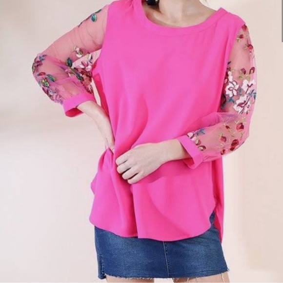 Umgee Tops - Umgee | Hot Pink Blouse with Floral Mesh Sleeves